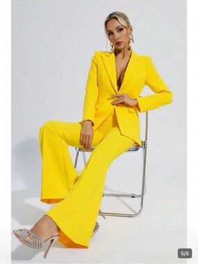 Bright Yellow Women's Tailored Blazer & Flared Pants Set